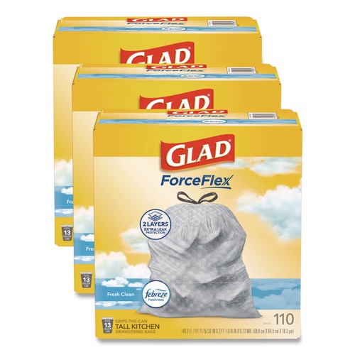 Cleaning & Janitorial Supplies | Glad 78563 ForceFlex 10.19 in. x 9.81 in. 13-Gal. Tall Kitchen Drawstring Trash Bags - Fresh Clean Scent Gray (3/Carton) image number 0