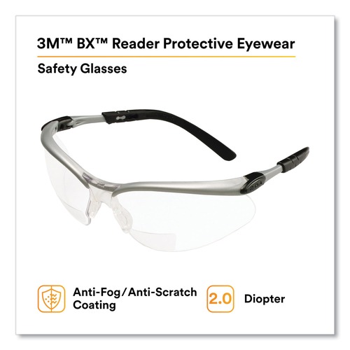 BX Molded-In Diopter Safety Glasses, 2.0+ Diopter Strength, Silver/Black Frame, Clear Lens