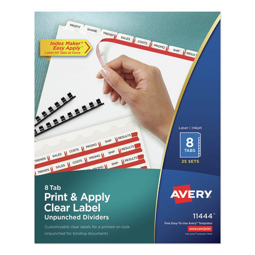 Office Jansan | Avery 11444 Index Maker 11 in. x 8.5 in. 8-Tab Print and Apply Clear Label Unpunched Dividers - White/White Tabs (25/Box) image number 0