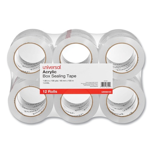 Mothers Day Sale! Save an Extra 10% off your order | Universal UNV66100 3 in. Core 1.88 in. x 109 yds. Deluxe General-Purpose Acrylic Box Sealing Tape - Clear (12/Pack) image number 0