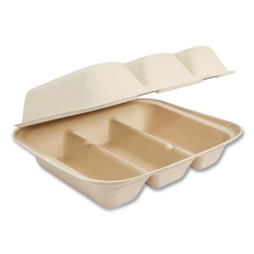 Food Trays, Containers, and Lids | World Centric TO-SC-T39-LFS 7.9 in. x 9.2 in. x 3.2 in. Sugarcane Fiber Taco Box Fiber Hinged Takeout Containers - Natural (300/Carton) image number 0