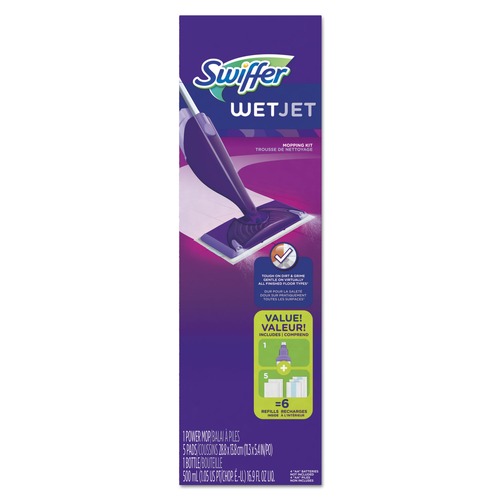 Mops | Swiffer 92811KT WetJet 11 in. x 5 in. Cloth Head, 46 in. Aluminum/Plastic Handle Mop Kit - White/Purple/Silver image number 0