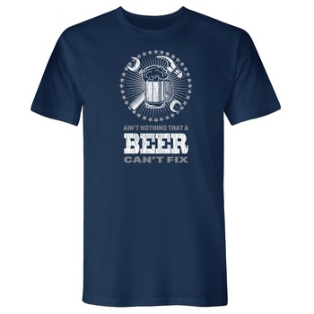 SHIRTS | Buzz Saw PR123391S "Ain't Nothing That a Beer Can't Fix" Premium Cotton Tee Shirt - Small, Navy Blue