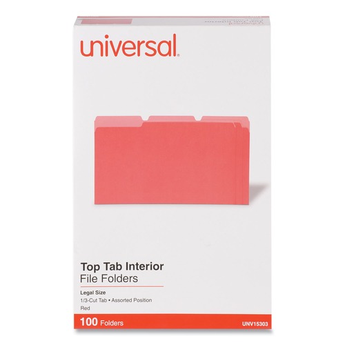 Universal UNV15303 1/3-Cut Tabs, Interior File Folders - Legal Size, Red (100/Box) image number 0