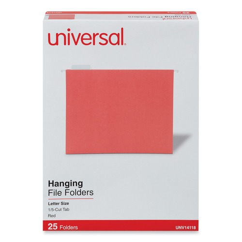  | Universal UNV14118EE Deluxe Bright Color Letter Size 1/5-Cut Tab Hanging File Folders - Red (25/Box) image number 0