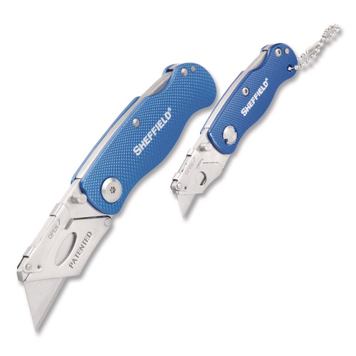 Office Jansan | GreatNeck 12117 1 Standard 1 Mini Blade Folding Lock Back Utility Knife Set - Blue image number 0