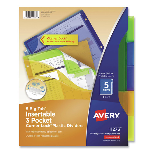 Office Jansan | Avery 11273 11.13 x 9.25 Insertable Big Tab Plastic Three-Pocket Corner Lock Dividers - Assorted (5-Pieces/Set) image number 0
