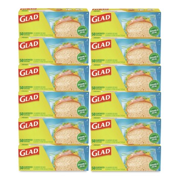 Glad 57263 6.63 in. x 5.88 in. Zipper Food Storage Sandwich Bags - Clear (12 Boxes/Carton)