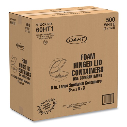 Facility Maintenance & Supplies | Dart 60HT1 5-7/8 in. x 6 in. x 3 in. Hinged Lid Foam Containers - White (500/Carton) image number 0