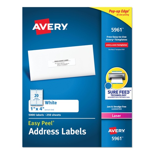 Office Jansan | Avery 05961 1 in. x 4 in. Laser Printers Easy Peel Address Labels with SureFeed Technology - White (5000/Box) image number 0