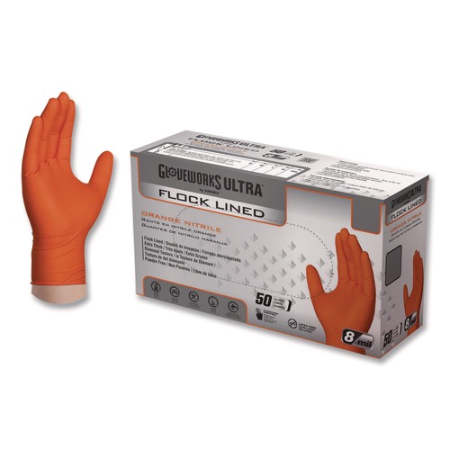 Disposable Gloves | Ammex GWUOFN49050 9.06 in. 6 mil Ultra Industrial Flock-Lined Nitrile Disposable Gloves - XX-Large/Orange (500/Carton) image number 0