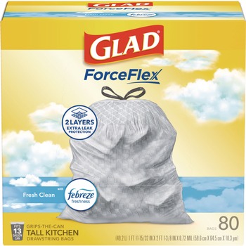 Glad ForceFlex 24 in. x 27.38 in. 13-Gallon Kitchen Drawstring Trash Bags - Gain Fresh Clean Scent White (80/Box)