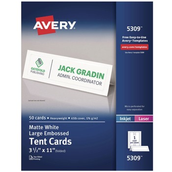 Avery 11 in. x 3.5 in. Large Embossed Tent Card - White (1 Card/Sheet, 50 Sheets/Box)