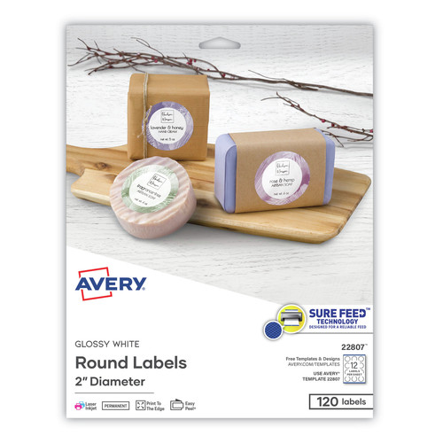 Office Jansan | Avery 22807 2 in. Diameter Print-to-the Edge Labels with Sure Feed and Easy Peel - Round Glossy White (120/Pack) image number 0