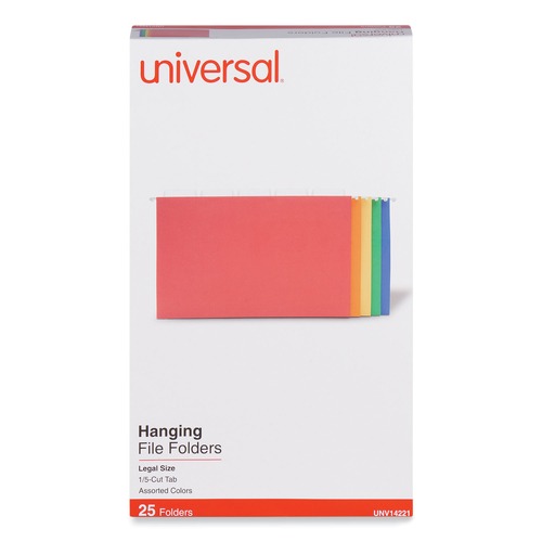  | Universal UNV14221EE 1/5-Cut Tab, Deluxe Bright Color Hanging File Folders - Legal Size, Assorted Colors (25/Box) image number 0