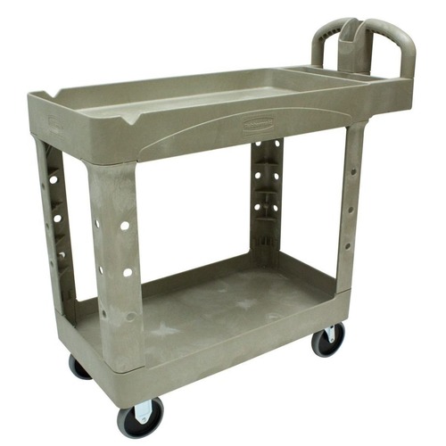 Utility Carts | Rubbermaid Commercial FG450088BEIG 17.13 in. x 38.5 in. x 38.88 in. 500 lbs. Capacity 2 Shelves Plastic Heavy-Duty Utility Cart with Lipped Shelves - Beige image number 0