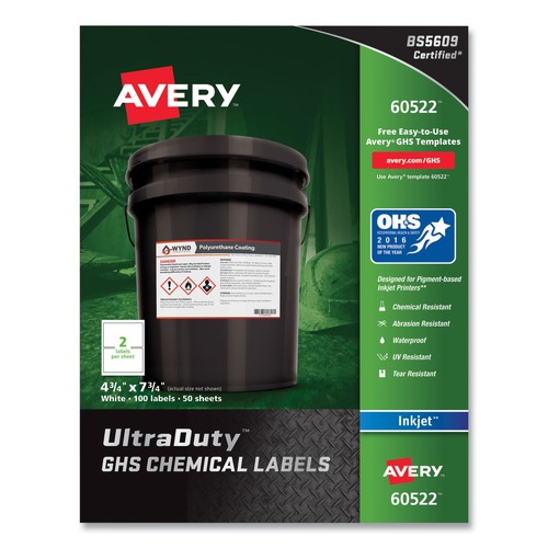 Mothers Day Sale! Save an Extra 10% off your order | Avery 60522 4.75 in. x 7.75 in. UltraDuty GHS Chemical Waterproof and UV Resistant Labels - White (2/Sheet, 50 Sheets/Pack) image number 0