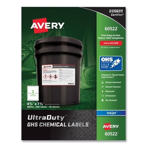 Office Jansan | Avery 60522 UltraDuty 4.75 in. x 7.75 in. GHS Chemical Waterproof and UV Resistant Labels - White (100/Pack) image number 0