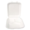 Food Service | Plastifar 12094 9 in. x 9 in. x 3 in. Secure Two Tab Latch Poly Bag 3 Compartments Foam Hinged Lid Container - White (200/Carton) image number 2