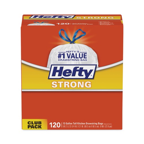 Trash Bags | Hefty E84574CT Strong 13 Gallon 0.9 mil 23.75 in. x 27 in. Tall Kitchen Drawstring Bags - White (3 Boxes/Carton, 90/Box) image number 0