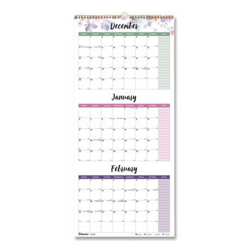 Blueline 14-Month: Dec 2025 to Jan 2027 12.2 in. x 27 in. Passion Floral Artwork 3-Month Quarterly Wall Calendar - White/Multicolor Sheets