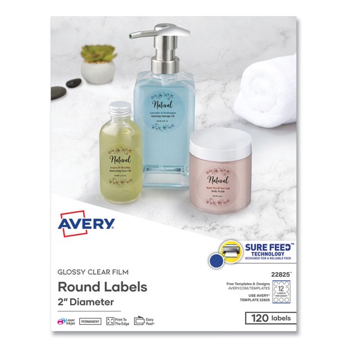 Office Jansan | Avery 22825 2 in. Diameter Print-to-the Edge Labels with Sure Feed and Easy Peel - Round Glossy Clear (120/Pack) image number 0