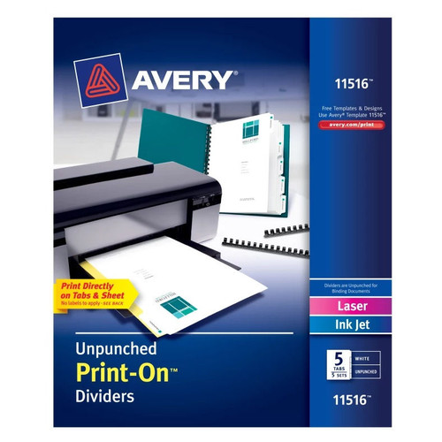 Office Jansan | Avery 11516 Print-On 11 in. x 8.5 in. 5-Tab Customizable Unpunched Dividers - White (5/Pack) image number 0