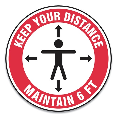 Floor Signs | GN1 MFS347ESP Slip-Gard 17 in. Circle Human/Arrows Social Distance Floor Signs - Red/White (25/Pack) image number 0