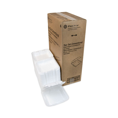 Food Service | Pactiv Corp. YTD18801ECON 8.42 in. x 8.15 in. x 3 in. Dual Tab Lock Economy Vented Foam Hinged Lid Container - White (150/Carton) image number 0