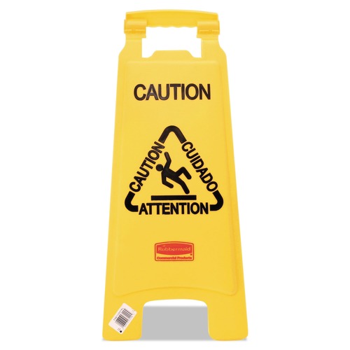 Safety Equipment | Rubbermaid Commercial FG611200YEL 11 in. x 12 in. x 25 in. Multilingual "Caution" Floor Sign - Bright Yellow image number 0