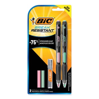 BIC 0.7 mm HB (#2) Break-Resistant Mechanical Pencils with Erasers - Black Lead, Assorted Barrel Colors (2/Pack)