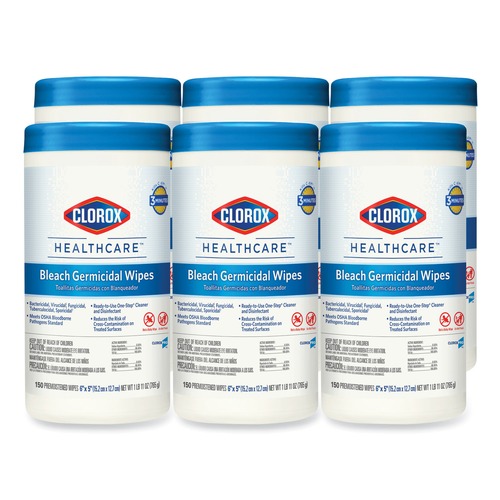  | Clorox Healthcare 30577 6 in. x 5 in. 1-Ply Bleach Germicidal Wipes - Unscented, White (150/Canister, 6 Canisters/Carton) image number 0