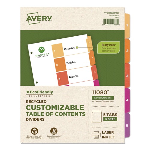 Office Jansan | Avery 11080 Ready Index 11 in. x 8.5 in. 5-Tab 1 to 5 Customizable Table of Contents Dividers - Multicolor Tabs (3/Pack) image number 0