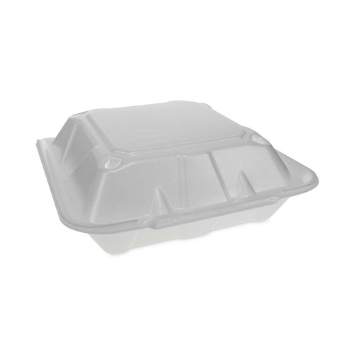  | Pactiv Corp. YTD19903ECON 3 Compartment 9.13 in. x 9 in. x 3.25 in. Dual Tab Lock Economy Foam Hinged Lid Containers - White (150/Carton) image number 0
