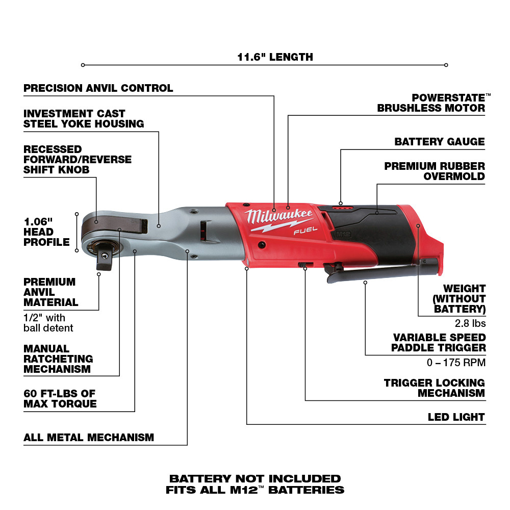 Milwaukee 2558-20 M12 FUEL 1-2 in. Ratchet (Tool Only) | CPO Outlets