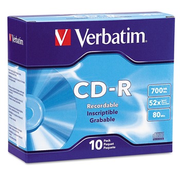 OFFICE ELECTRONICS AND BATTERIES | Verbatim 94935 700 MB/80 min 52x CD-R Recordable Discs in Slim Jewel Case - Silver (10/Pack)