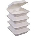 Food Trays, Containers, and Lids | Boardwalk HL-93BW 9 in. x 9 in. x 3.19 in. 3-Compartment Hinged-Lid Sugarcane Bagasse Food Containers - White (100/Sleeve, 2 Sleeves/Carton) image number 1