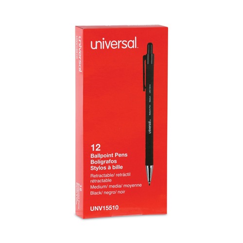 Office Jansan | Universal UNV15510 1 mm Black Barrel Retractable Ballpoint Pens - Medium, Black (1 Dozen) image number 0
