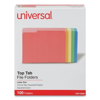 Universal Deluxe Colored 1/3-Cut Top Tab Letter Size File Folders - Assorted (100/Box)