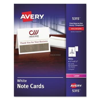 Avery 80 lbs. 4.25 in. x 5.5 in. Note Cards with Matching Envelopes for Laser Printers - Uncoated White (60 Cards, 2 Cards/Sheet, 30 Sheets/Box)