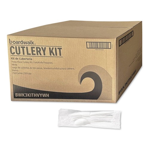 Food Service | Boardwalk BWK3KITHVYWH 3-Piece Polystyrene Fork/Knife/Teaspoon Cutlery Kit - White (250/Carton) image number 0