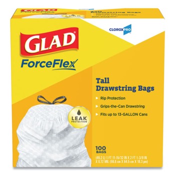 Glad 78526 Tall Kitchen Drawstring Trash Bags, 13 Gal, 0.72 Mil, 24-in X 27.38-in, Gray, 100/box
