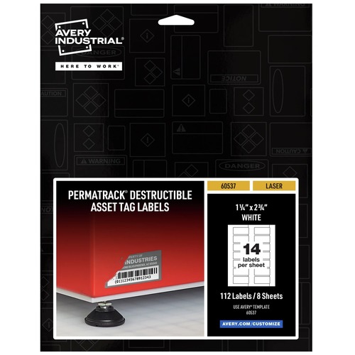 Office Jansan | Avery 60537 1.25 in. x 2.75 in. PermaTrack Destructible Asset Tag Labels - White (14/Sheet, 8 Sheets/Pack) image number 0