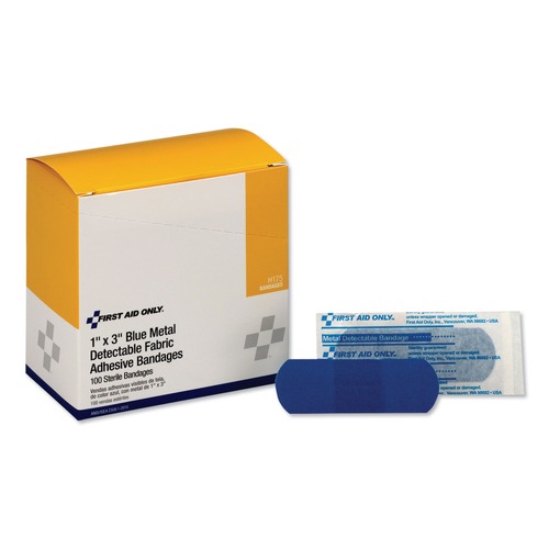 Bulk Savings Pricing 3 | First Aid Only H175 1 in. x 3 in. Plastic with Foil Adhesive Blue Metal Detectable Bandages (100/Box) image number 0