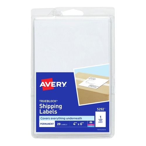  | Avery 05292 Inkjet/Laser Printer 4 in. x 6 in. Shipping Labels with TrueBlock Technology - White (20/Pack) image number 0