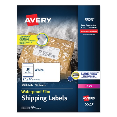 Office Jansan | Avery 05523 Waterproof 2 in. x 4 in. Address Labels for Laser Printers - White (10/Sheet, 50 Sheets/Pack) image number 0