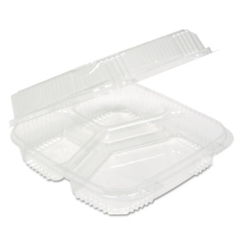FOOD TRAYS CONTAINERS LIDS | Pactiv Corp. YCI811230000 Clearview 3-Compartment 5 oz. / 14 oz. Hinged Lid Food Containers - Clear (200/Carton)