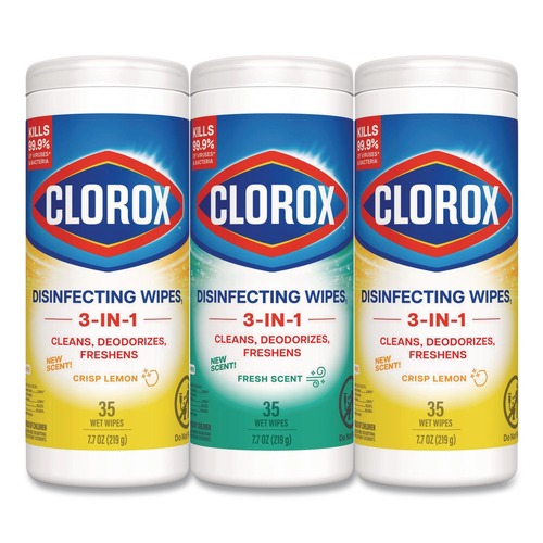 Hand Wipes | Clorox 30112 7 in. x 8 in. 1-Ply Disinfecting Wipes - Fresh Scent/Citrus Blend, White (35/Canister, 3 Canisters/Pack) image number 0