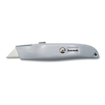 BOX CUTTERS AND UTILITY KNIVES | Boardwalk BWKUKNIFE45 Straight-Edged Metal Retractable Utility Knife - Gray