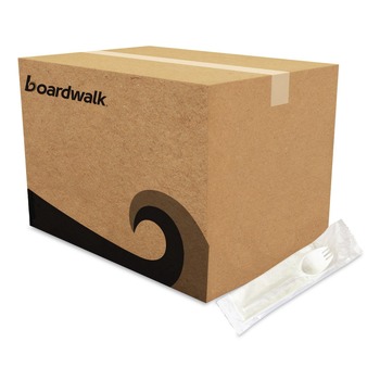Boardwalk BWKSCHOOLKITPP 5.31 in. Mediumweight Plastic School Cutlery Napkin/Spork/Straw Kit - White (1000/Carton)